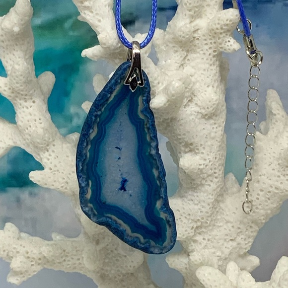 Hand Crafted Jewelry - Handcrafted Blue Druzy Geode Agate Slice Necklace on Waxed Cotton Cord